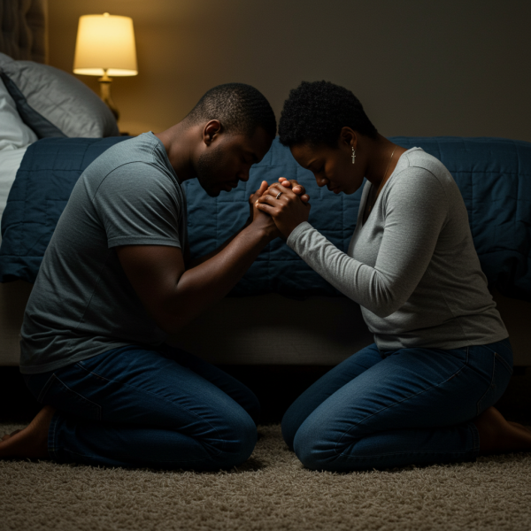 A black man and a black woman on their knees, praying by their bed #3