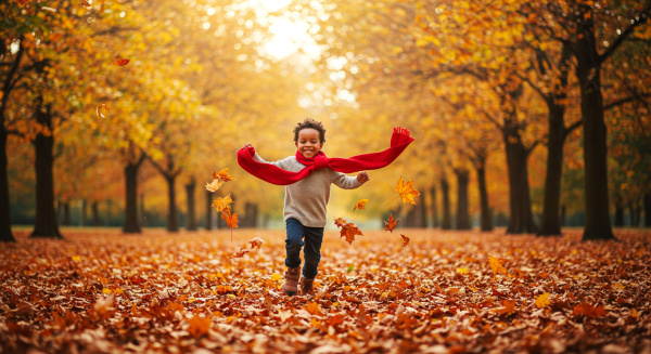 A black child running through a park with fallen leaves swirling around, wearing a red scarf and boots #2