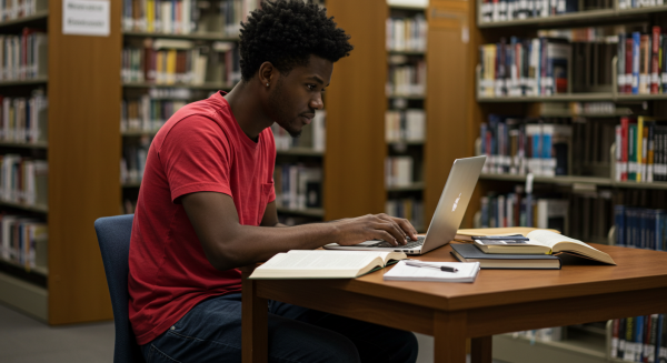 A black male student in a red shirt sitting behind a laptop in a library #2