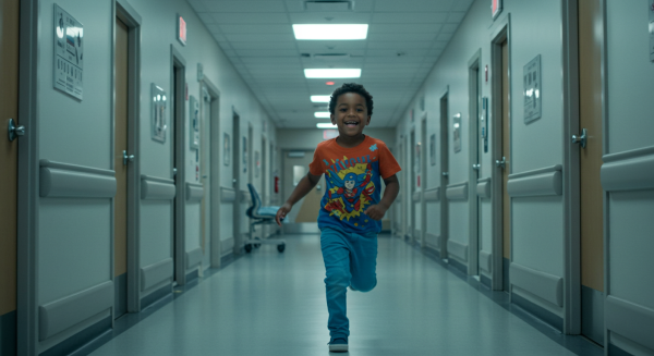 A black child running through a hospital hallway