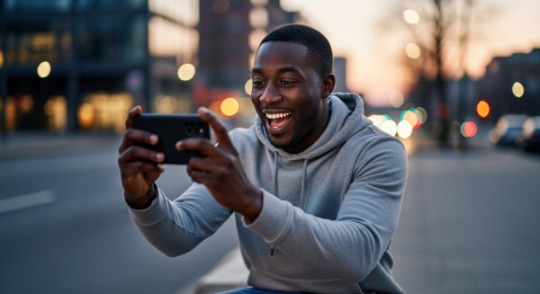 A black man holding his phone and feeling excited #1