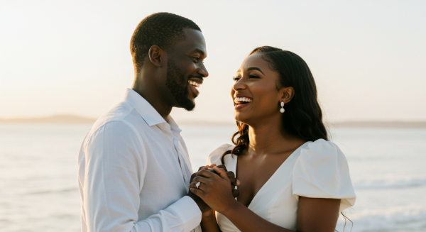 A happy black man and woman in white attire smiling at their love #5