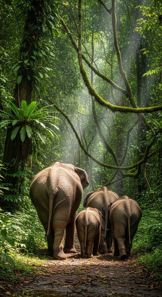 Back view of elephants in a rainforest #3