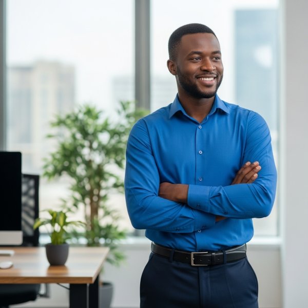 A young happy African man in a blue shirt standing in his office and smiling #2
