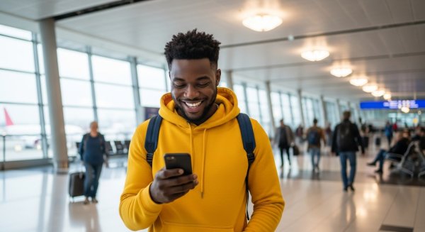 A young black man in a yellow hoodie, looking very happy with his phone at the airport #3