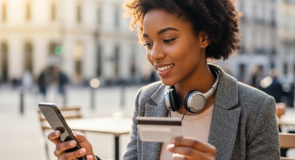 A young, pretty African lady looking down on her phone with a card and headset #2