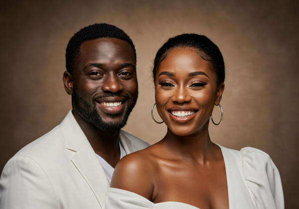 A happy black man and woman in white attire smiling at their love #2