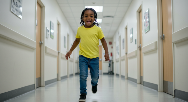 A black child running through a hospital hallway