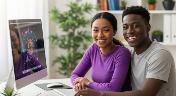 A young black man and woman in a purple shirt sitting behind a computer, smiling #4