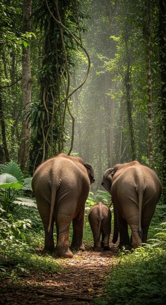 Back view of elephants in a rainforest #1