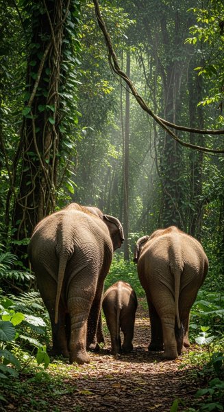 Back view of elephants in a rainforest #4