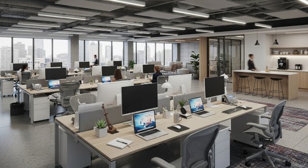 Modern open-plan office laptops on desks #4
