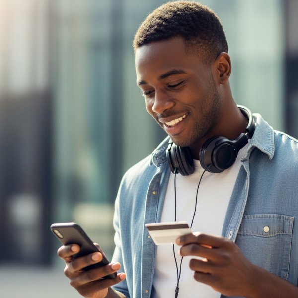 A young, pretty African man looking down on her phone with a card and headset #3