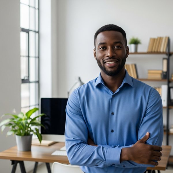 A young happy African man in a blue shirt standing in his office and smiling #2