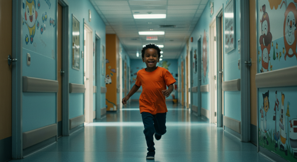 A black child running through a hospital hallway