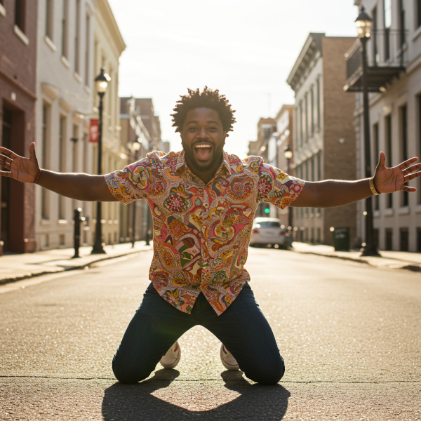 A happy black man on his knees saying yes #4