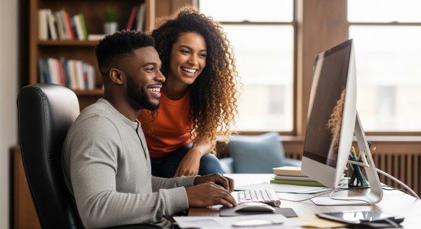 A young black man and woman sitting behind a computer, smiling