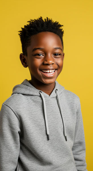 Happy black boy in casual hoodie posing in front of a vibrant yellow backdrop #4