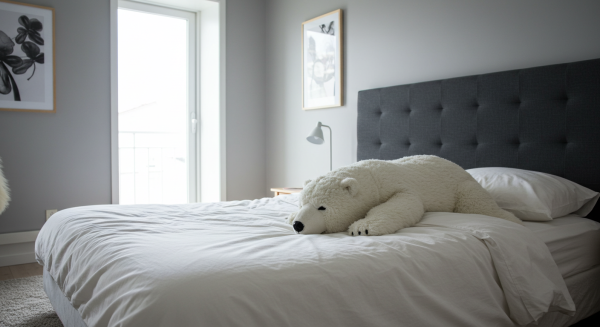 Fuzzy polar bear plushie sleeping in a minimalist modern apartment bed #1