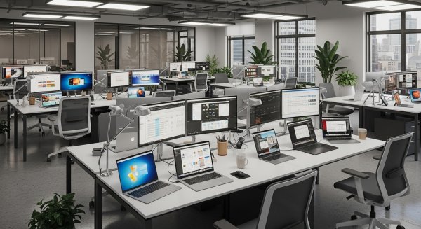 Modern open-plan office laptops on desks #3