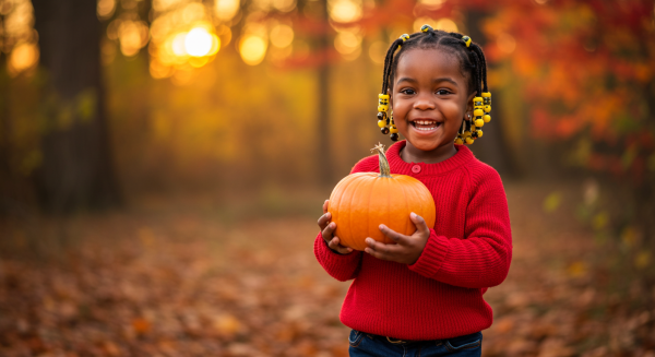 Little black girl holding a pumpkin in both hands, standing in a forest filled with orange and red autumn leaves #1