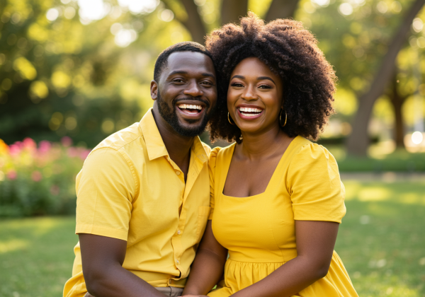 A happy black man and woman in yellow attire smiling at their love #4
