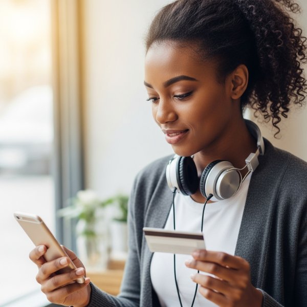 A young, pretty African lady looking down on her phone with a card and headset #4