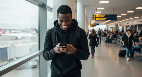 A young black man in a black hoodie, looking very happy with his phone at the airport #2