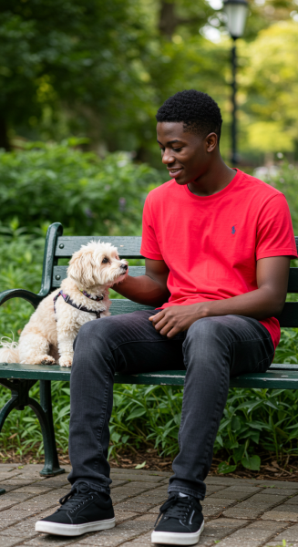 A black young man in a red shirt sitting on a bench with his dog #4