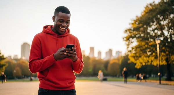 A young black man in a red hoodie, looking very happy with his phone #4