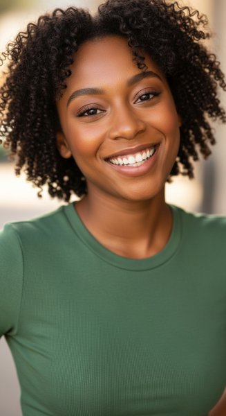A young black woman in a green shirt smiling #4