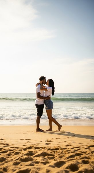 A young black man and woman kissing at the beach #4