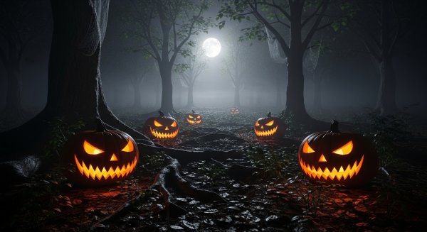 Creepy Halloween pumpkins glowing in the dark forest with mist and moonlight #2