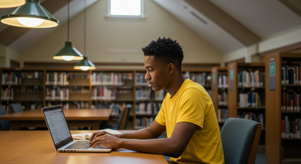 A black male student in a yellow shirt sitting behind a laptop in a library #1