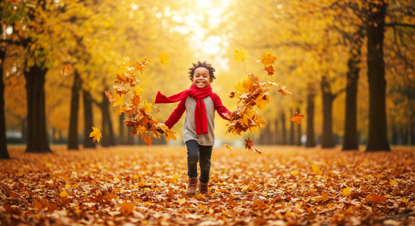 A black child running through a park with fallen leaves swirling around, wearing a red scarf and boots #1