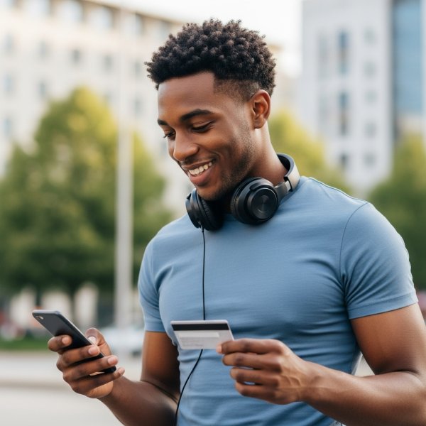 A young, pretty African man looking down on her phone with a card and headset #2