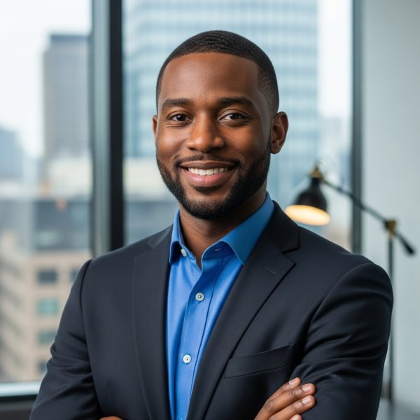 A young happy African man in a blue shirt standing in his office and smiling #4
