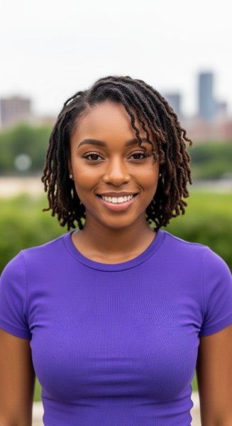 A young black woman in a purple shirt smiling #3