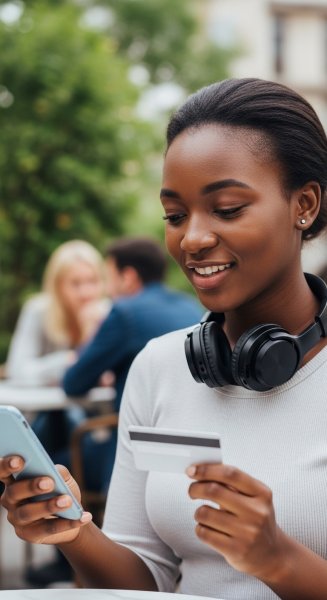 A young, pretty African lady looking down on her phone with a card and headset #4