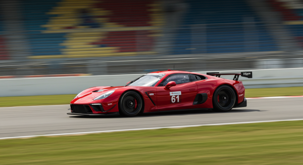 A red racing car speeding on a race track #1