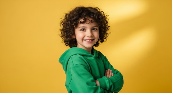 Smiling child with curly hair wearing a green hoodie, standing confidently with arms crossed, bright yellow background #3