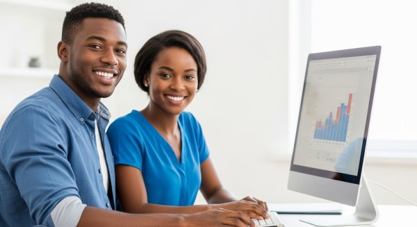 A young black man and woman in a blue shirt sitting behind a computer, smiling #4
