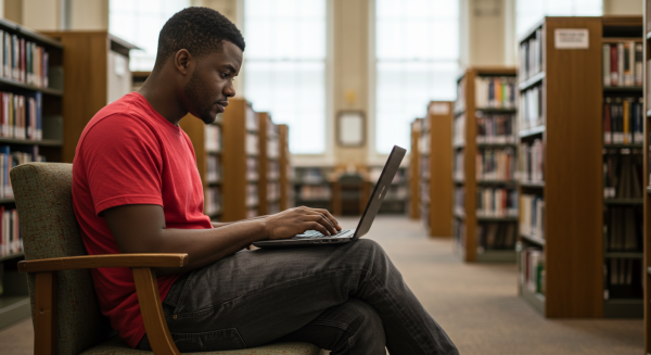 A black male student in a red shirt sitting behind a laptop in a library #3