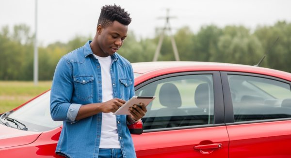 A young black man using a tablet and standing by his red car #3
