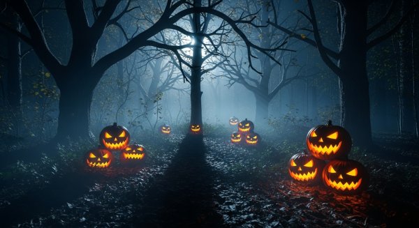 Creepy Halloween pumpkins glowing in the dark forest with mist and moonlight #3