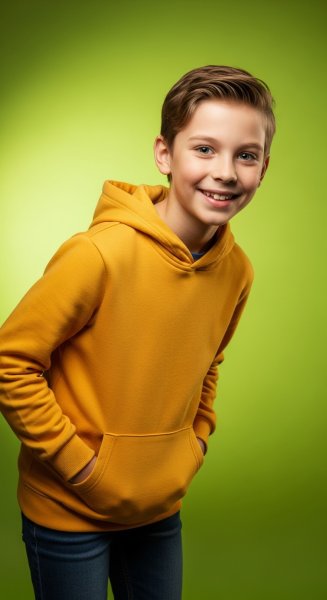 Happy boy in casual hoodie posing in front of a vibrant green backdrop #1