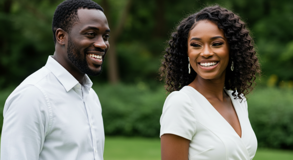 A happy black man and woman in white attire smiling at their love #6