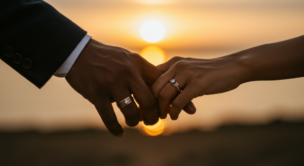 A black man and a woman's hands held together, showing their rings #2