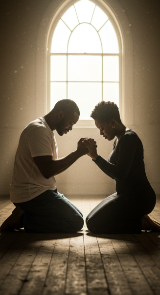 A black man and a black woman on their knees, praying #4