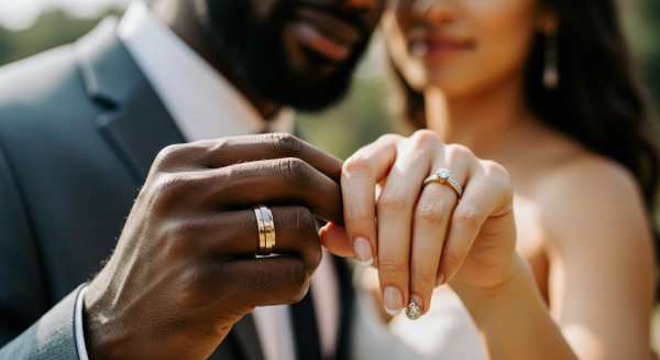 A black man and a woman's hands held together, showing their rings #1